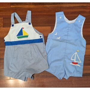 Vintage Lot(2) 3T/4T Boy Nautical Sailboat Jon Jon Seersucker Shortall